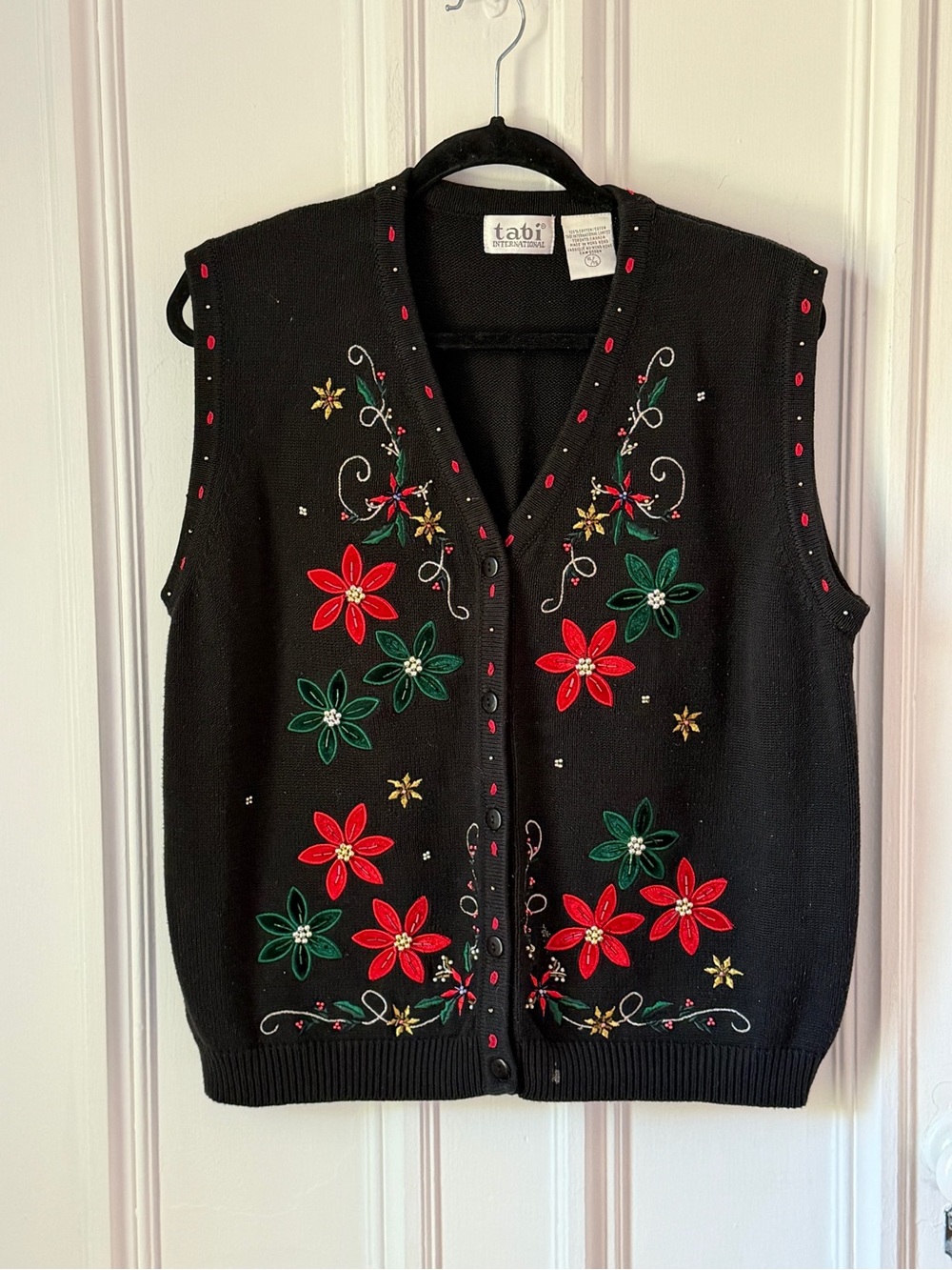 Vintage Tabi International Black Holiday Vest Embroidered Beaded Poinsettias XL